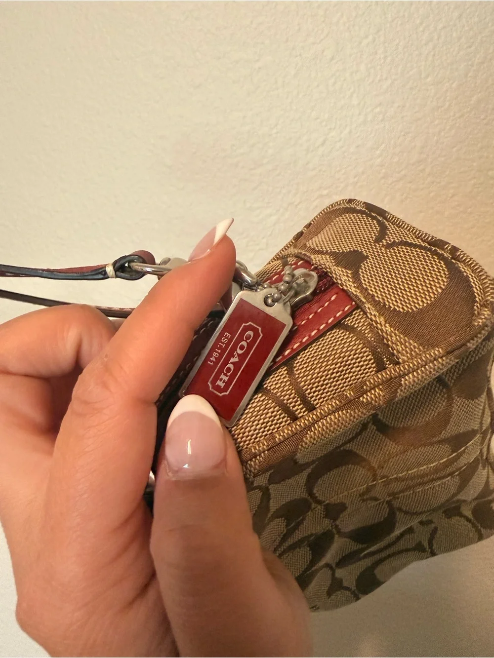 Coach Signature Canvas Wristlet in Brown with Red Strap - Picture 8 of 13